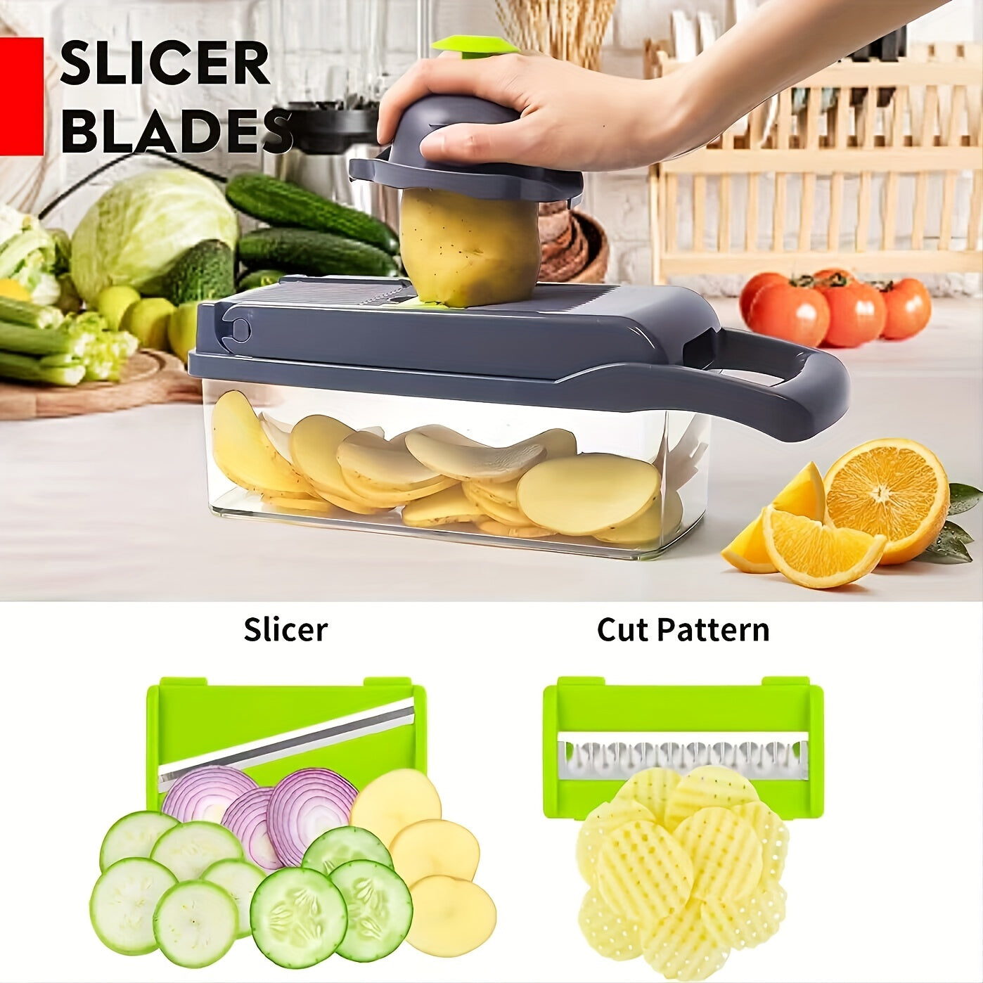 Kitchen Vegetable Chopper 1pc, 13-in-1 Food Cutter With 8 Stainless Steel Blades And Container - Ideal For Slicing Onions, Garlic, And More - 13.7x4.7 Inches