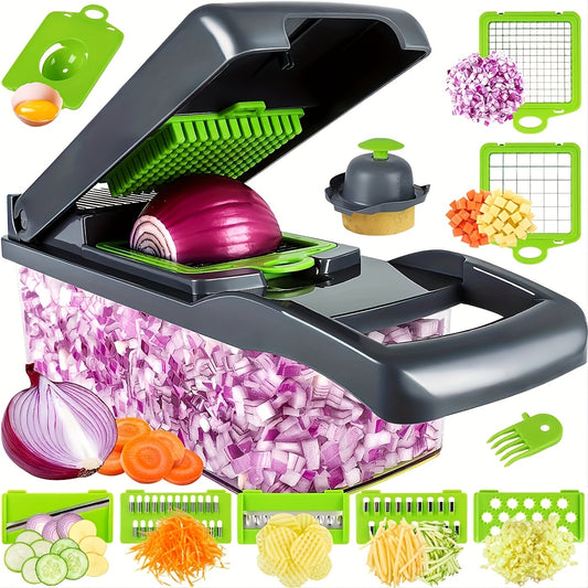 Kitchen Vegetable Chopper 1pc, 13-in-1 Food Cutter With 8 Stainless Steel Blades And Container - Ideal For Slicing Onions, Garlic, And More - 13.7x4.7 Inches